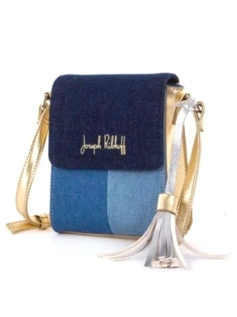 JOSEPH RIBKOFF Blue and Gold Denim Crossbody Bag